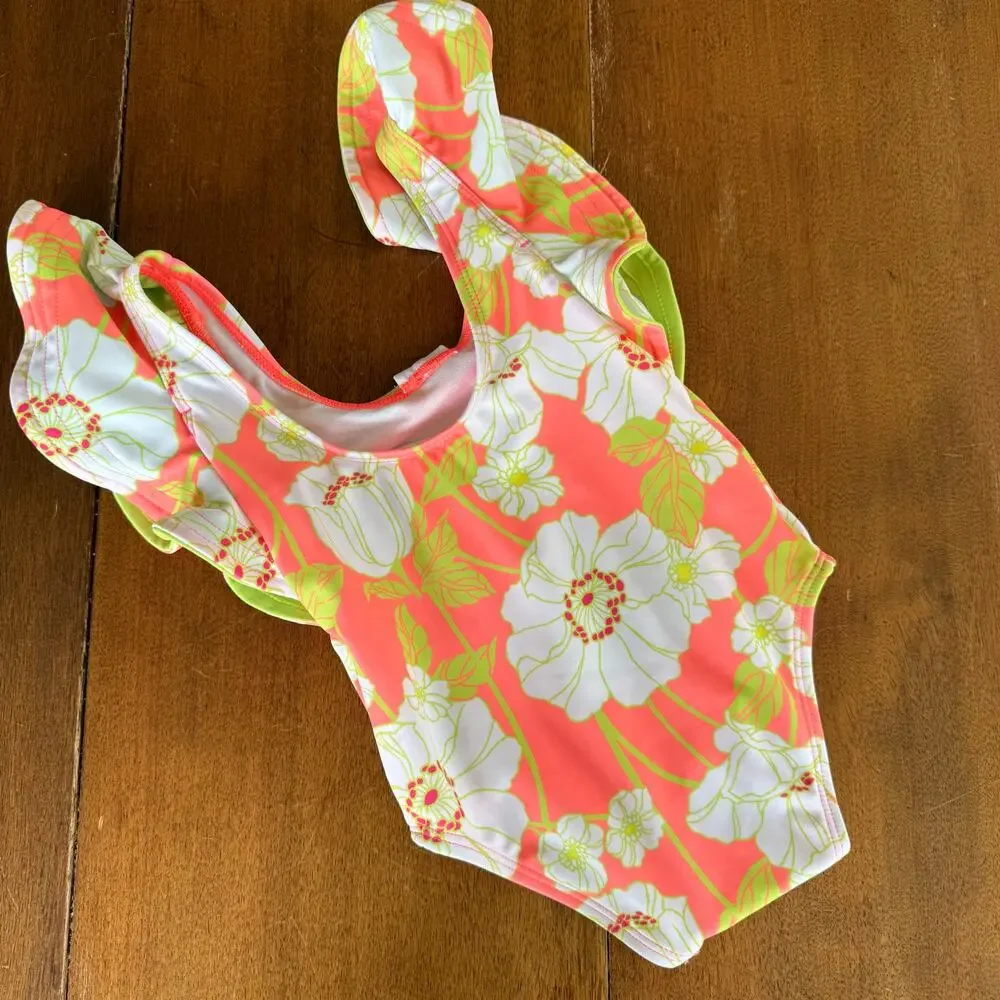 Janie and‎ Jack Ruffle Swimsuit Floral Coral Curl Girls 12-18 Mos Preppy Summer